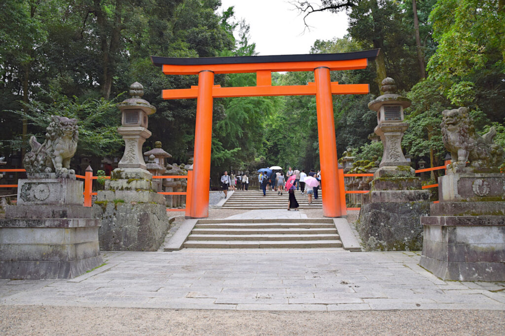 Large red torii gate at Kasuga Taisha