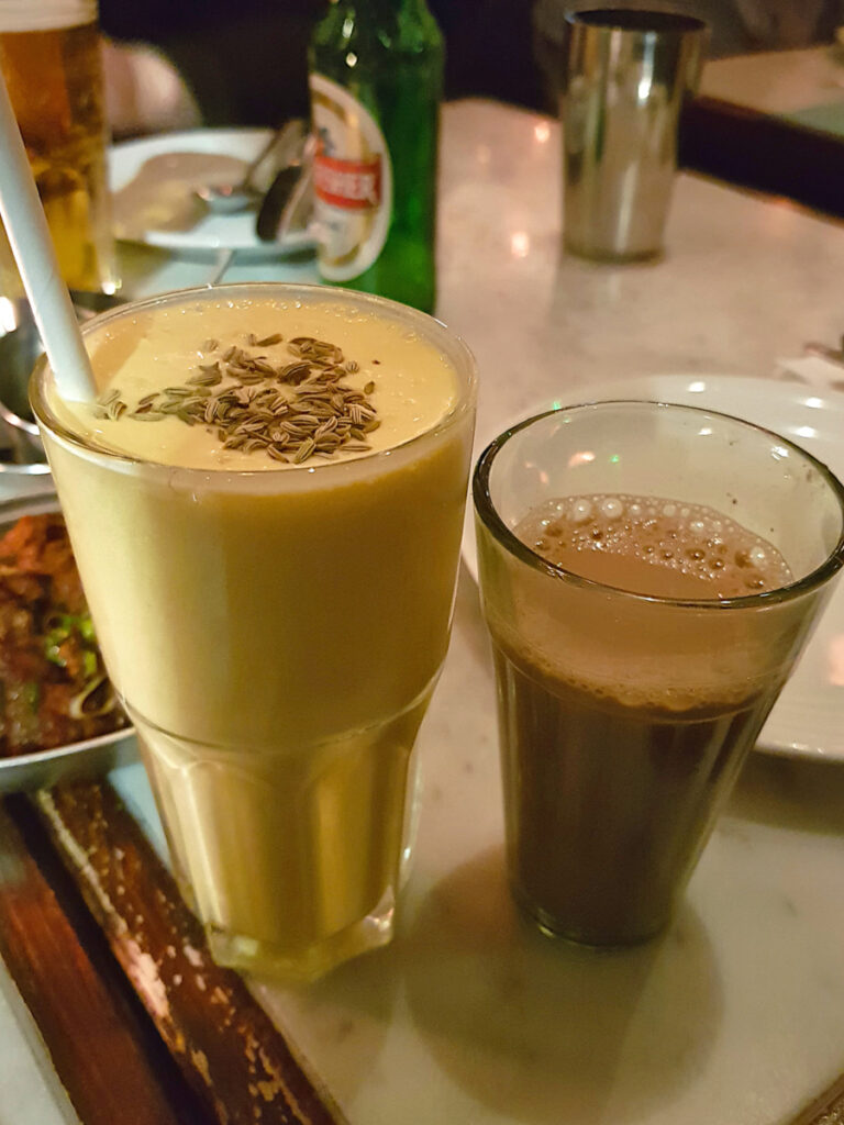 Mango lassi and chai tea from Dishoom