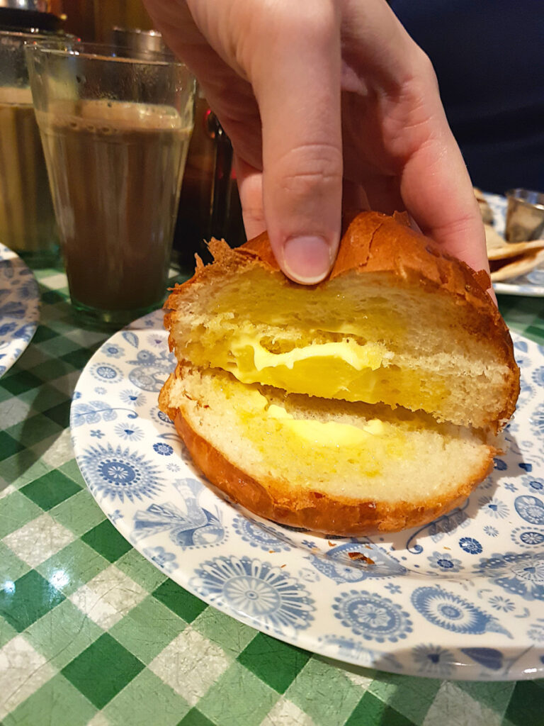 Inside a bun at Dishoom's brunch