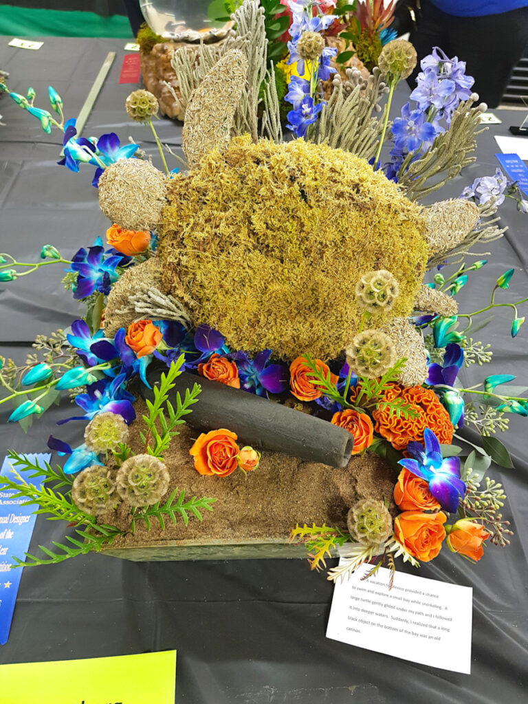 Plants and flowers arranged to look like a turtle