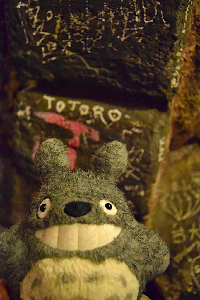 Totoro poses with his name that someone carved into the rock