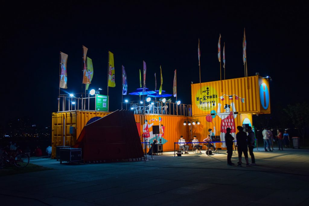 Musicians playing music at the Bamdokkaebi Night Market