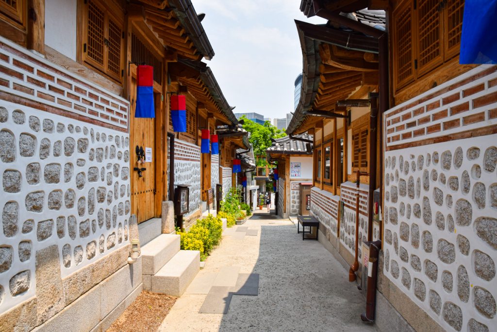 Street with hanok on both sides at Donuimun Museum Village