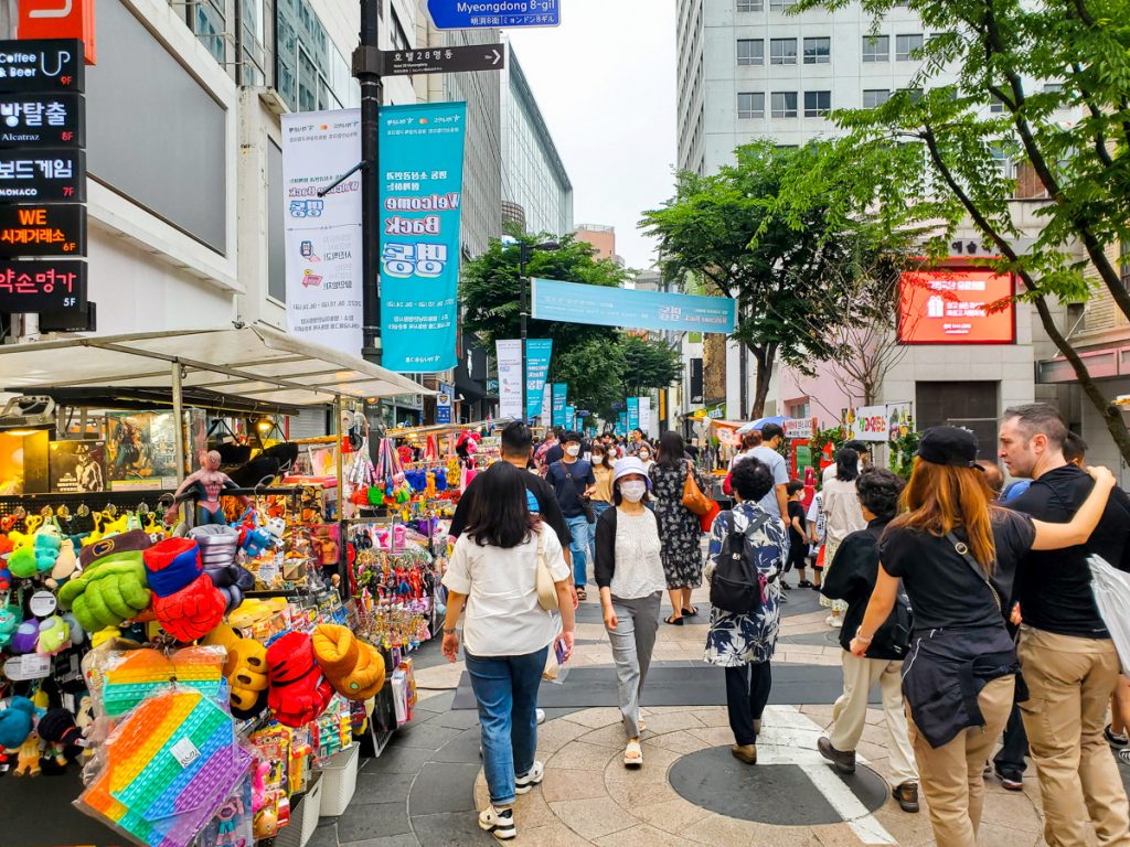 A busy pedestrian street in Myeongdong