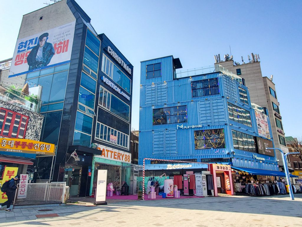 Shops in Hongdae during the day